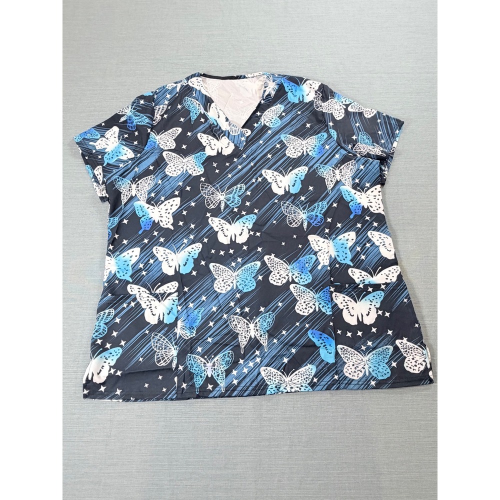 Butterfly Print Scrub Top Womens 3XL Blue Black V-Neck Short Sleeve Pockets